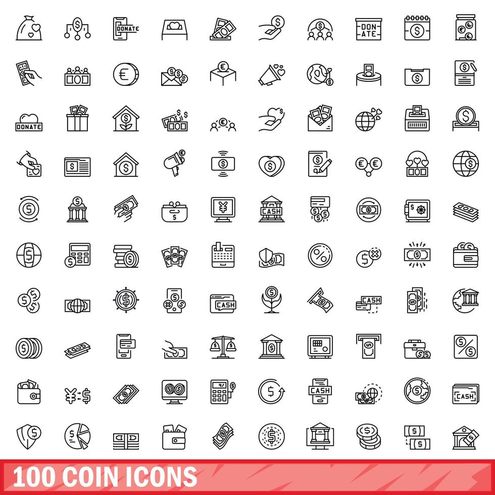 100 munt pictogrammen set, schets stijl vector