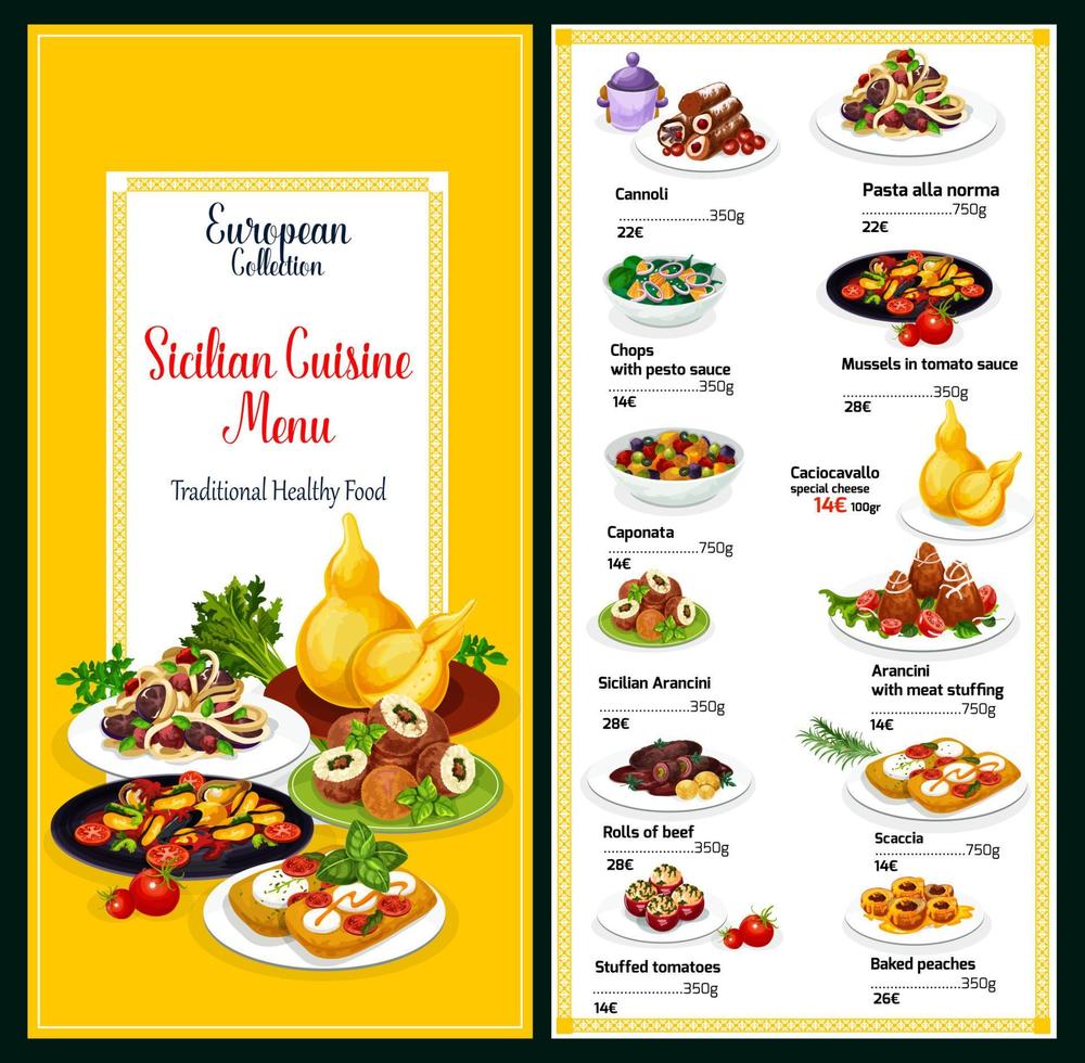 Siciliaans keuken gezond gerechten menu vector