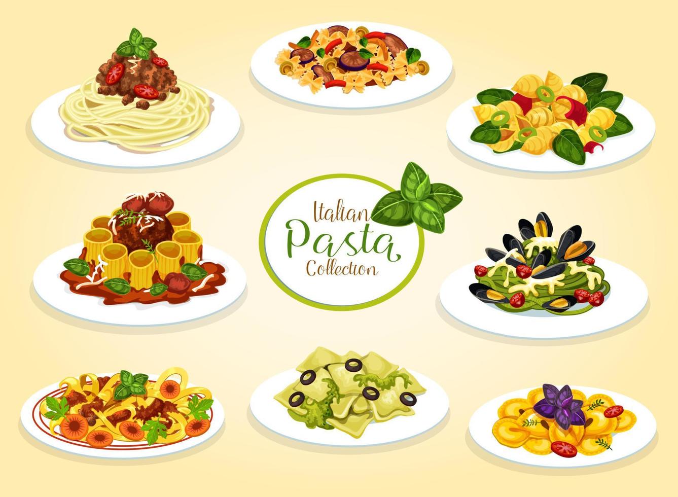 Italiaans keuken pasta borden, vector