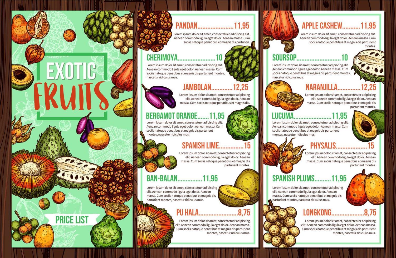 tropisch fruit en exotisch bessen menu vector