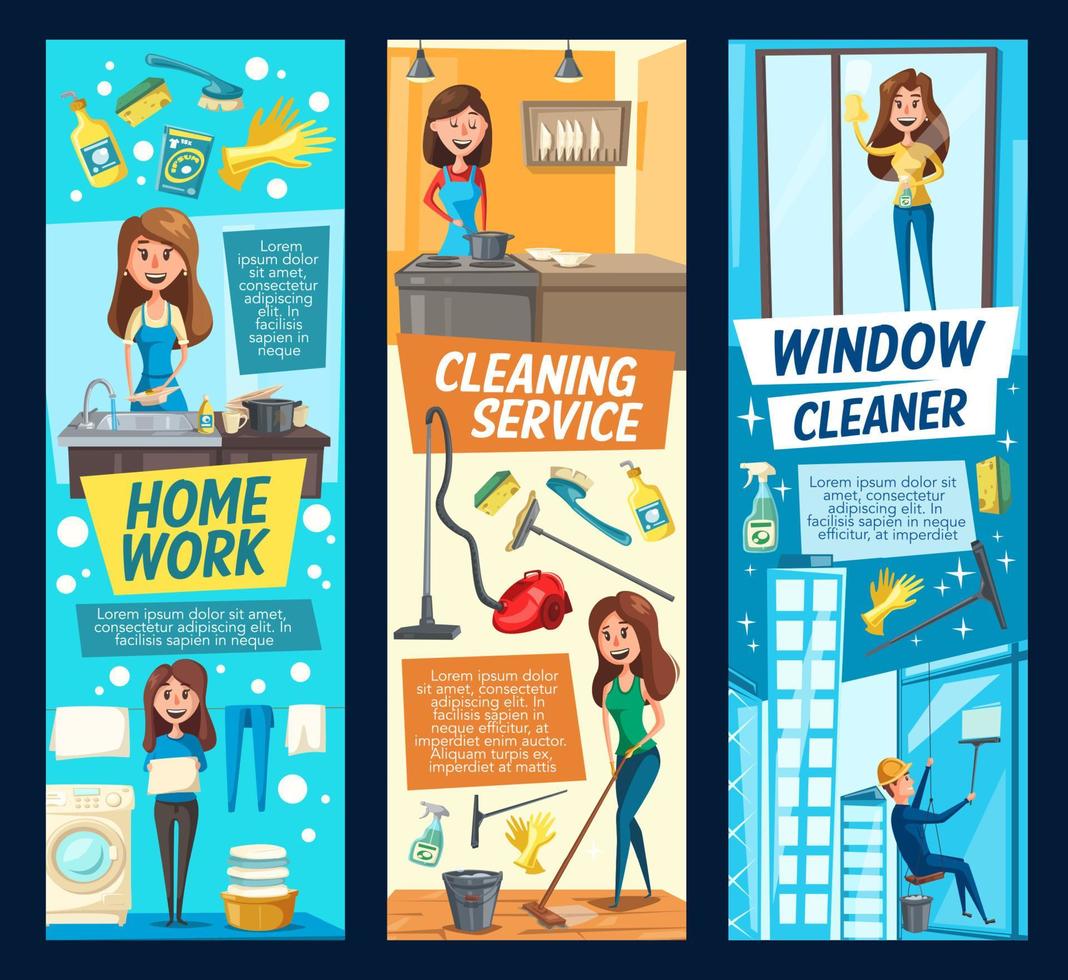 schoonmaak banners met vrouw en huishouden gereedschap vector