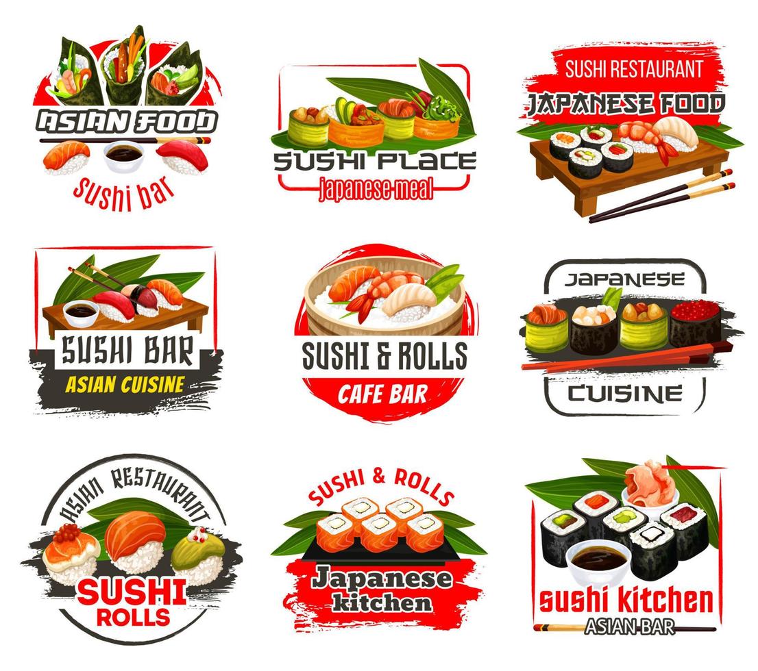 sushi bar of cafe en restaurant van Japan pictogrammen vector