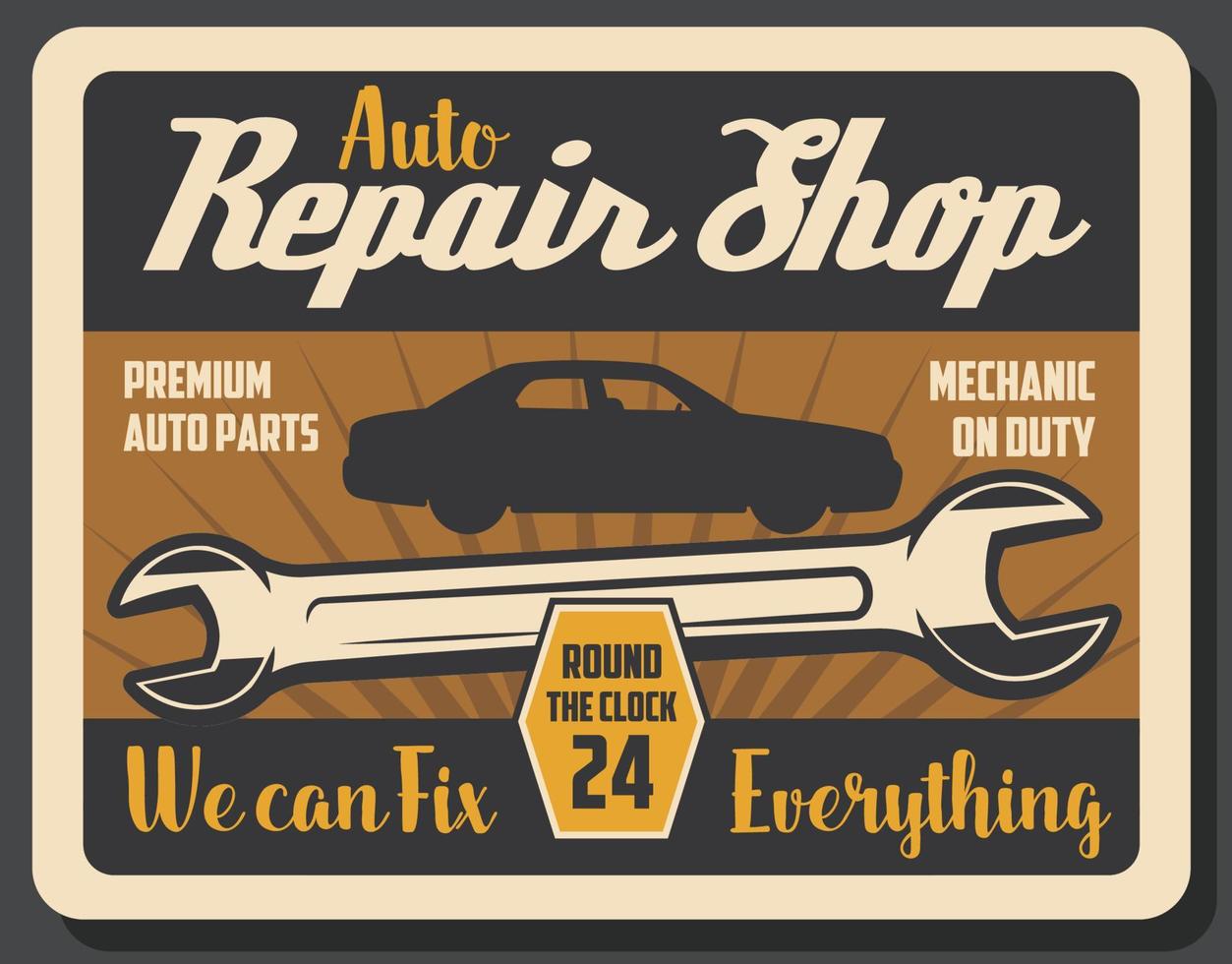reparatie winkel retro poster met moersleutel en voertuig vector