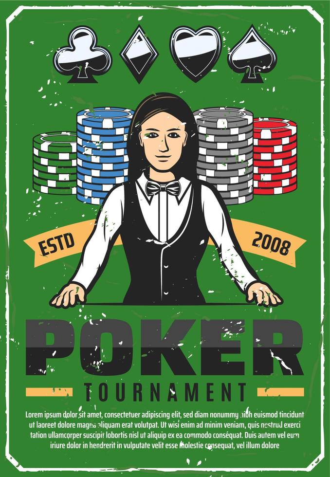 poker toernooi retro poster met vrouw croupier vector