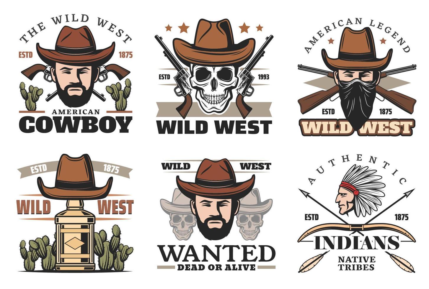 western thema pictogrammen met cowboy in hoed en wapen vector