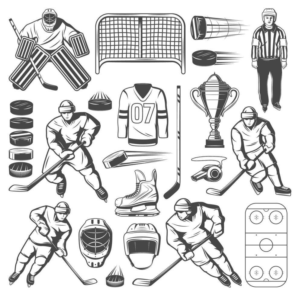 ijs hockey pictogrammen van spelers, stok, puck, baan vector