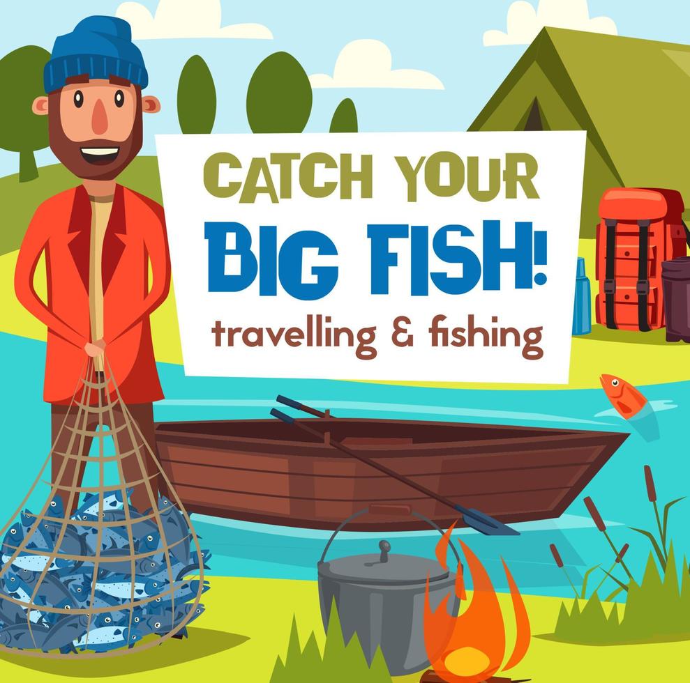 visvangst en visser vis vangst toerisme vrije tijd vector