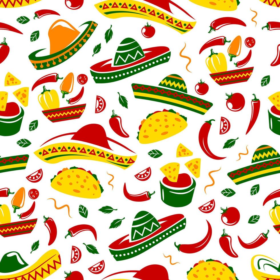 Mexicaans keuken voedsel en sombrero naadloos patroon vector