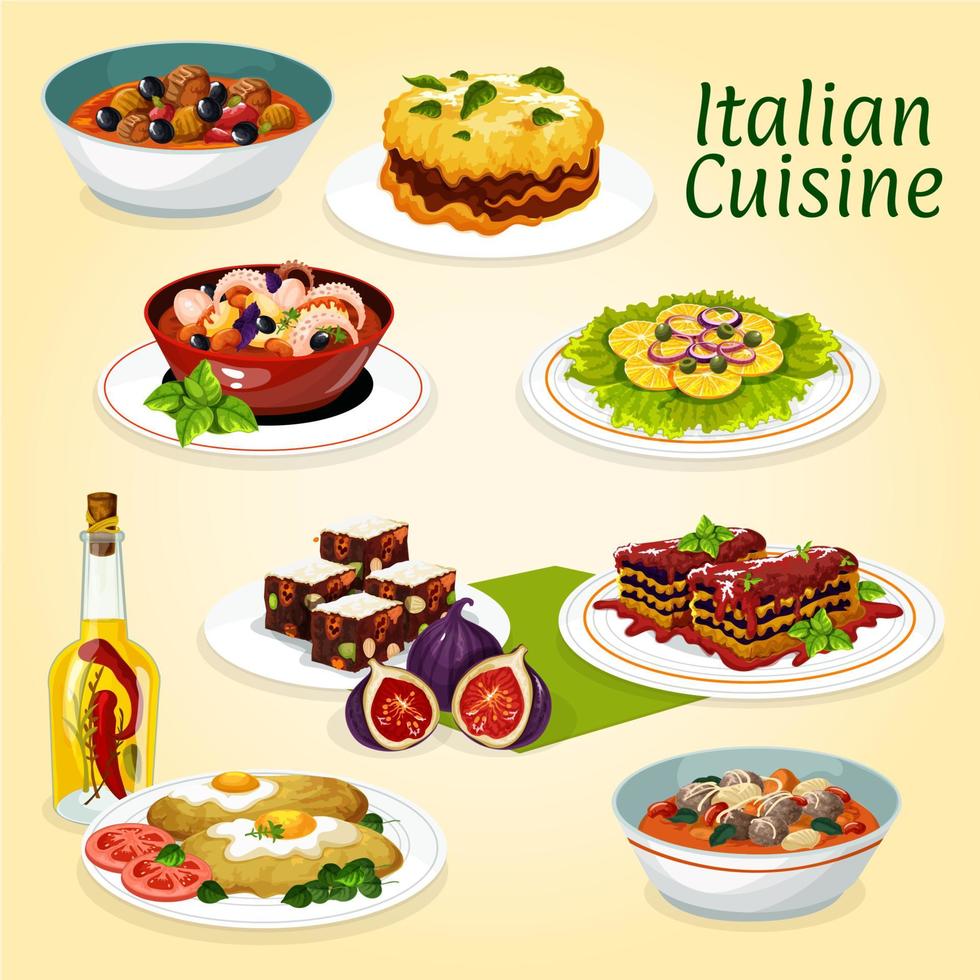 Italiaans keuken avondeten maaltijden en desserts vector