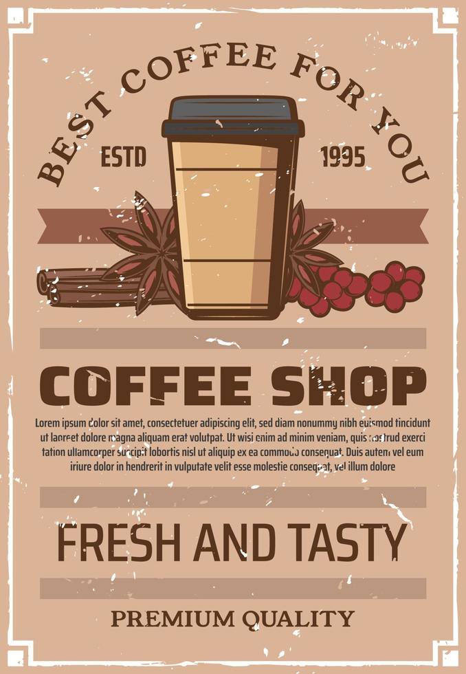 koffie winkel retro poster, papier kop en specerijen vector