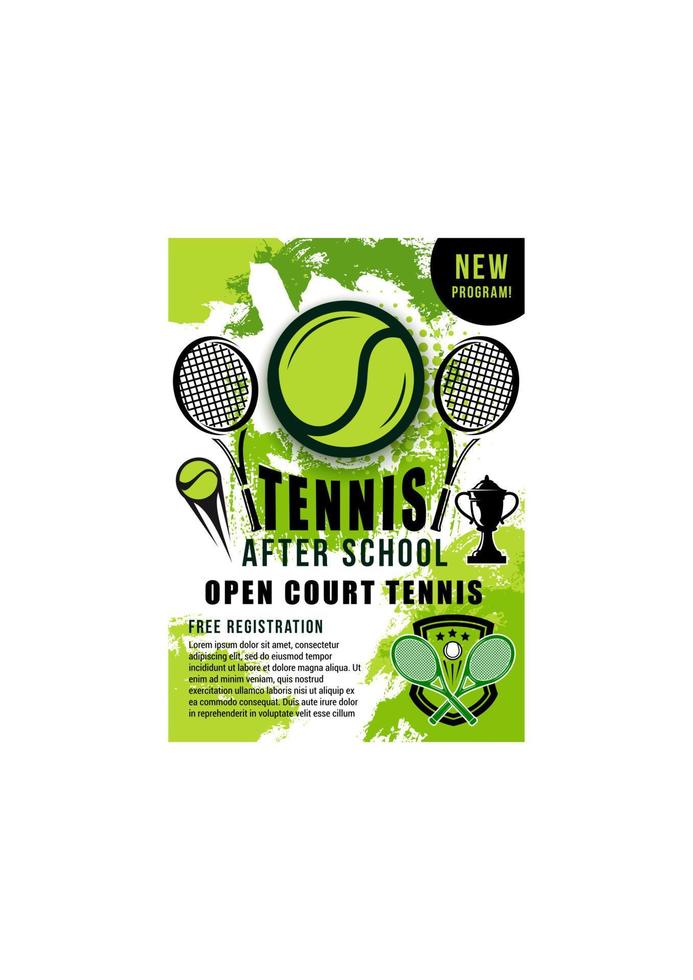 tennis ballen, rackets en trofee beker. sport school- vector
