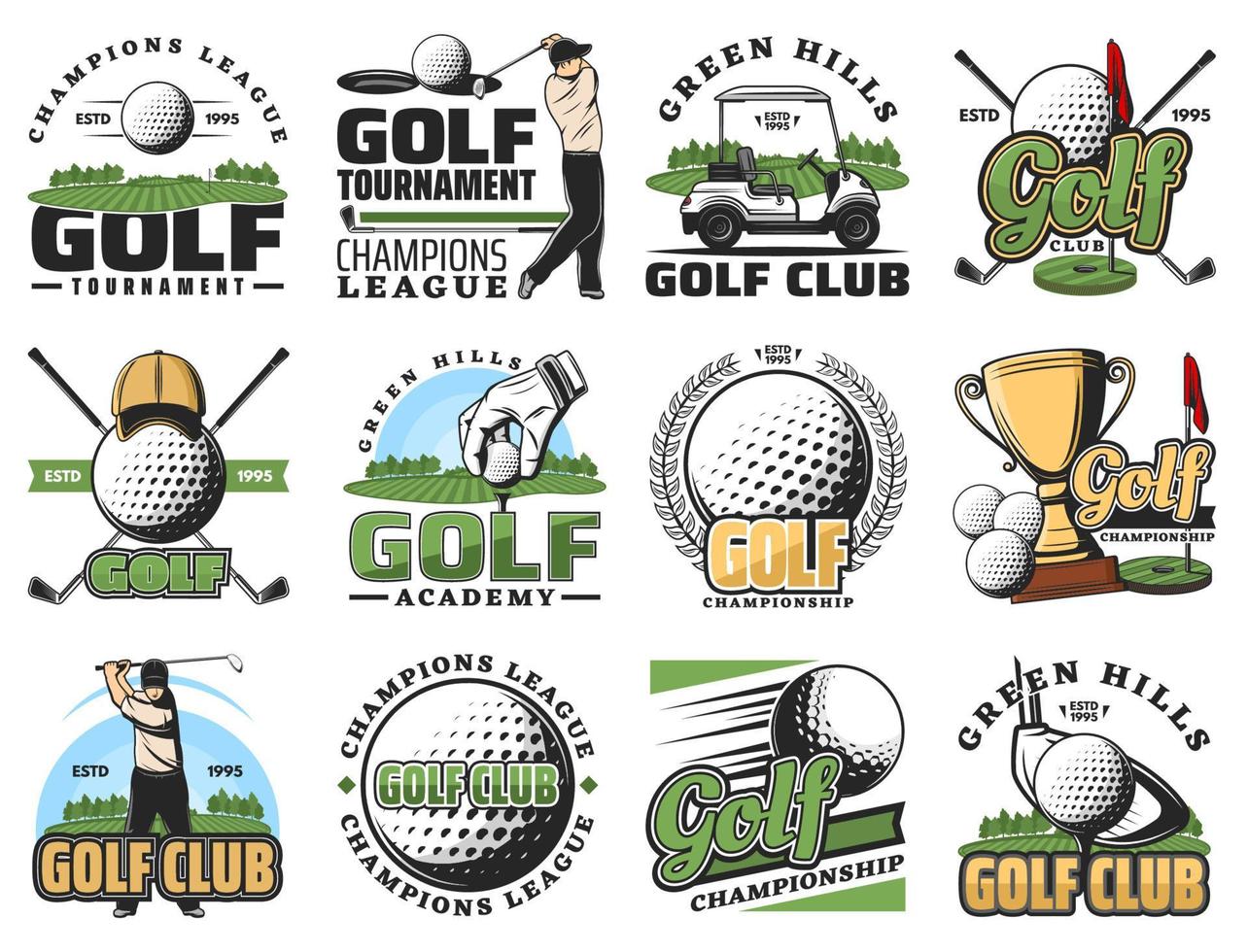 golf spel, sport uitrusting en trofee kop pictogrammen vector