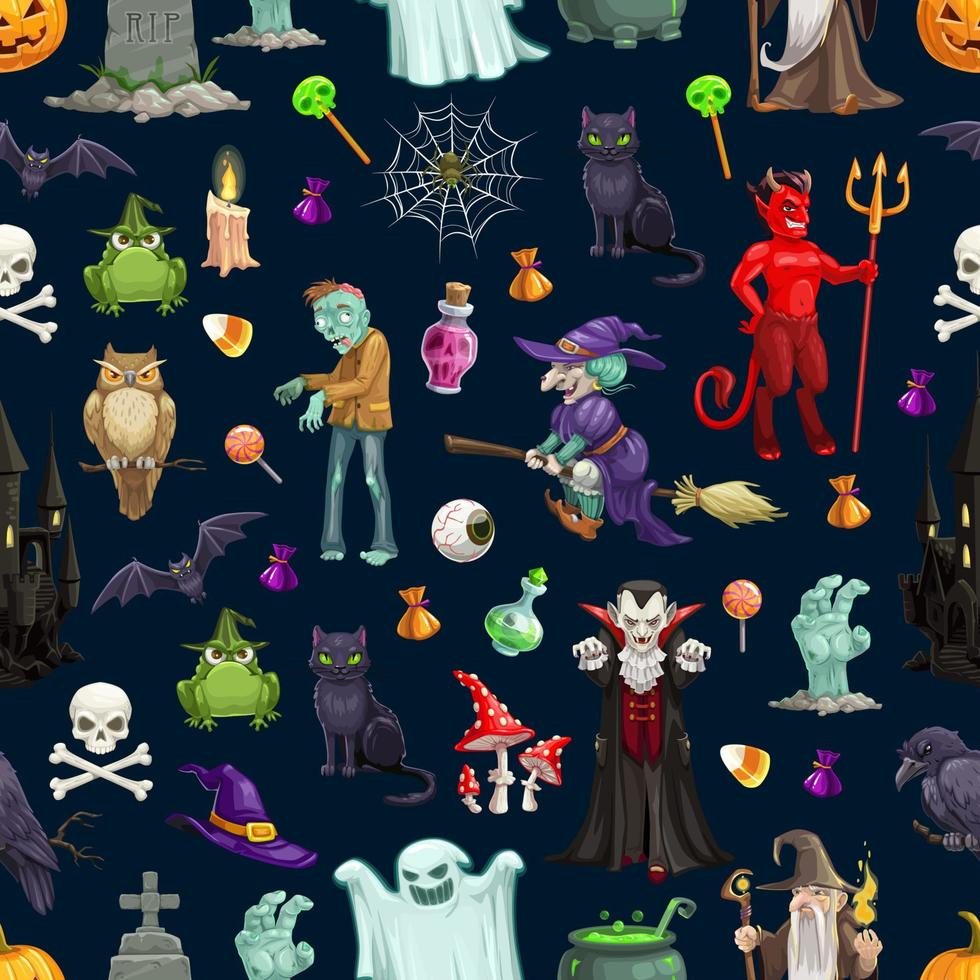 halloween tekenfilm monsters naadloos patroon vector