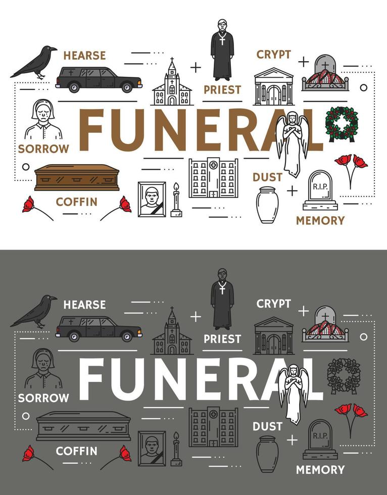 begrafenis onderhoud en begrafenis ceremonie pictogrammen vector