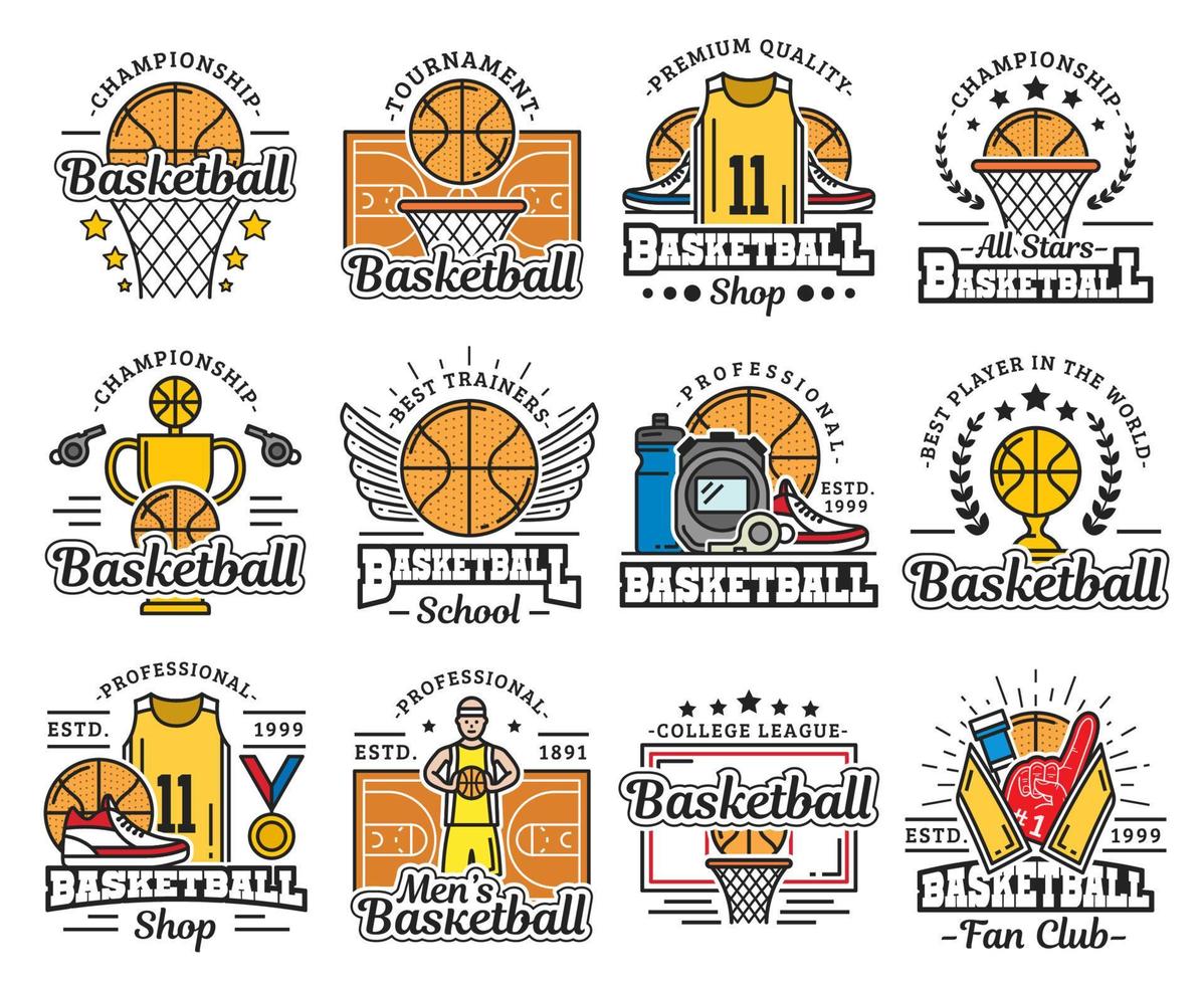 basketbal items pictogrammen, sport winkel en school- vector