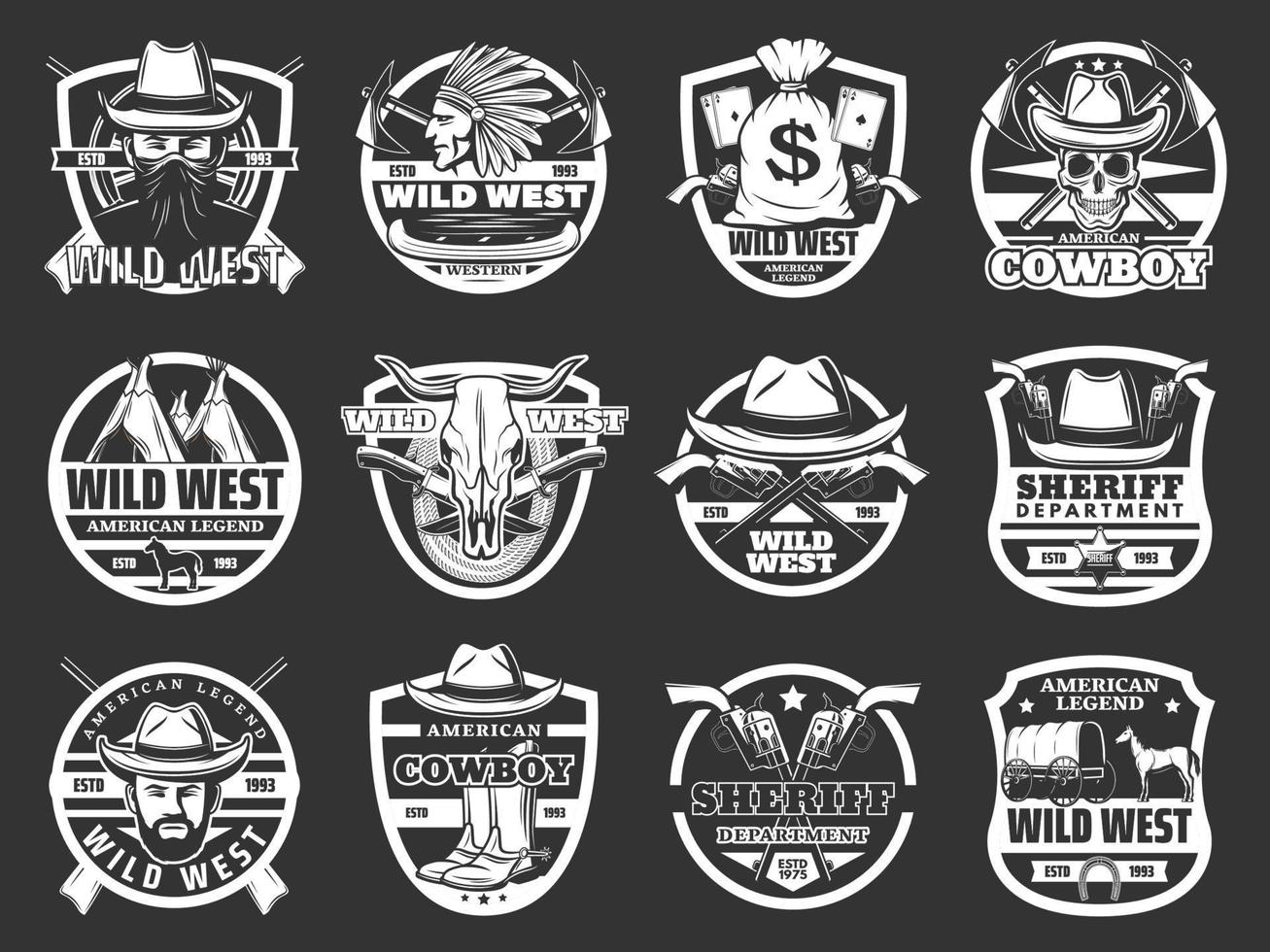 western symbolen, cowboy en sheriff. wild west vector