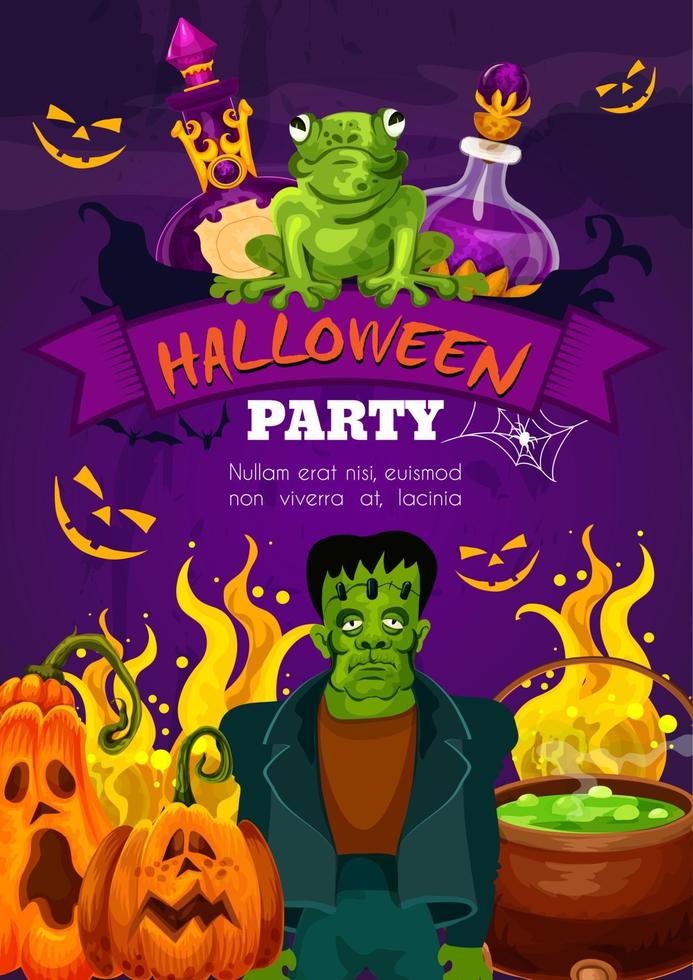 halloween nacht partij poster van zombie en pompoen vector