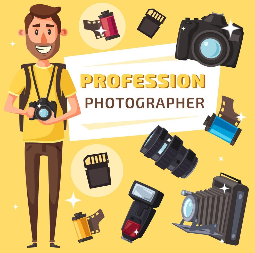 fotograaf met foto items en camera vector