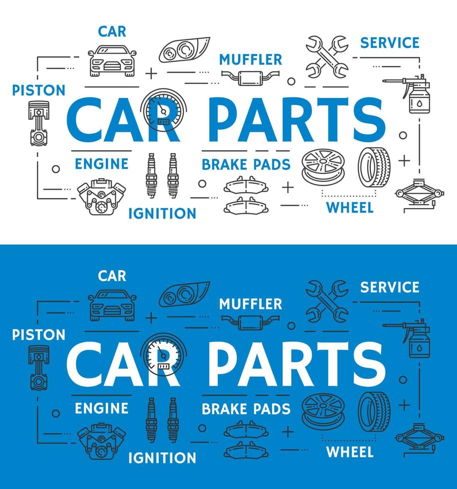 auto onderdelen, voertuig repareren lijn kunst promo poster vector