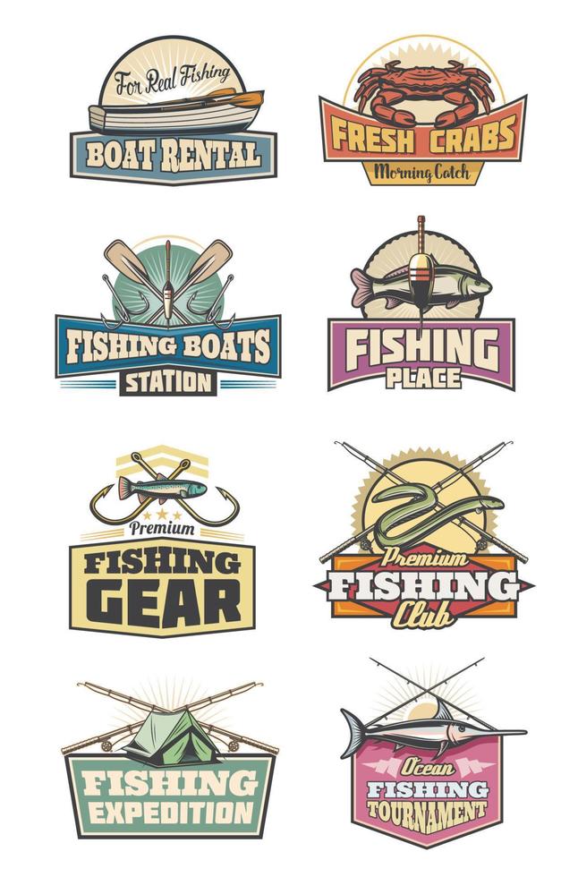 visserij uitrusting visvangst club retro pictogrammen hengel en vis vector