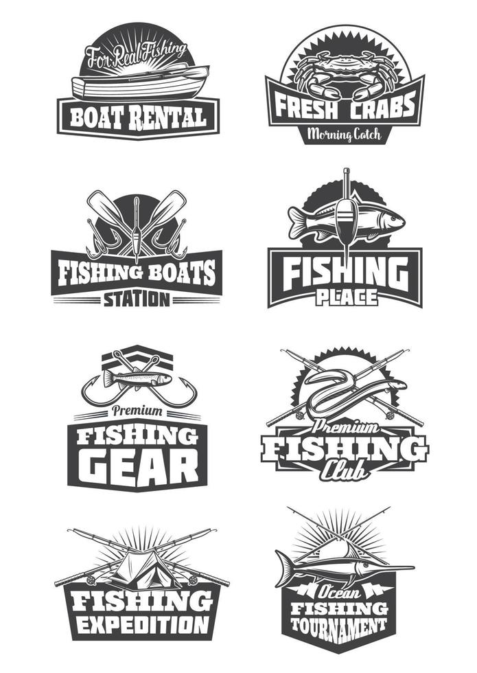 visvangst toernooi en visserij uitrusting pictogrammen vector