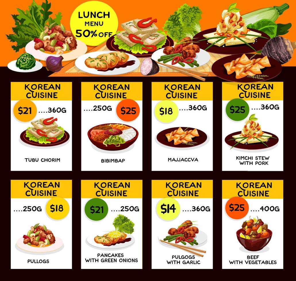 Koreaans keuken Kimchi en vlees gerechten lunch menu vector