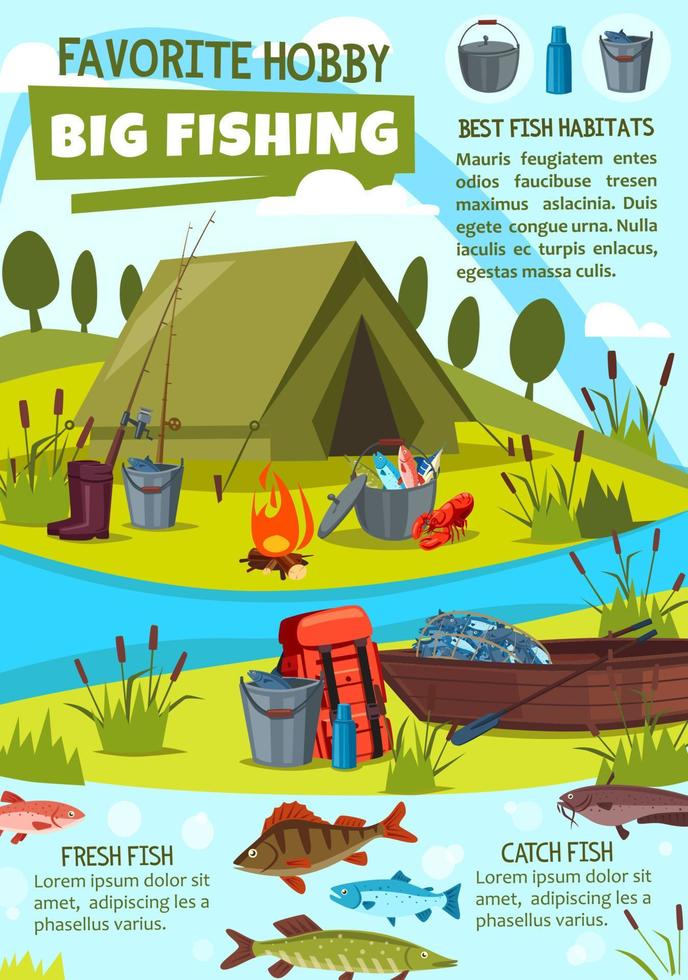 visvangst hobby poster met visser kamp Bij meer vector