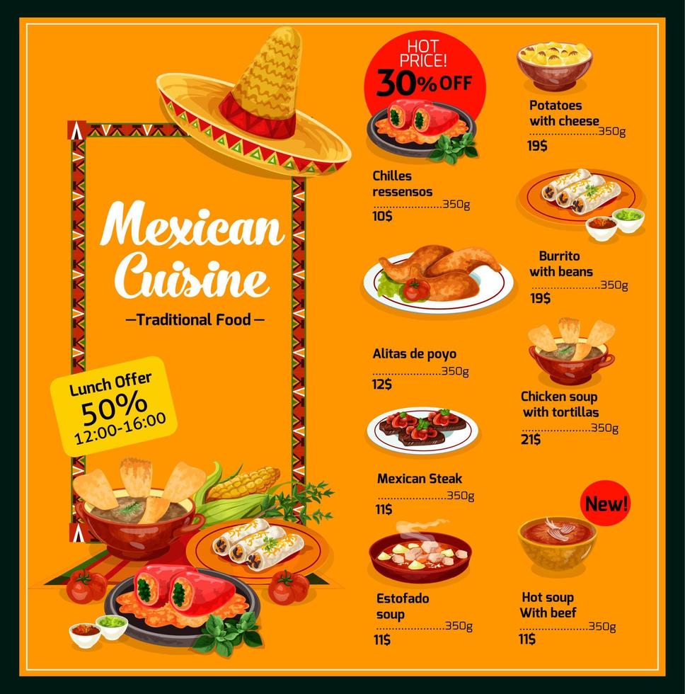 Mexicaans keuken menu met lunch aanbod en prijzen vector
