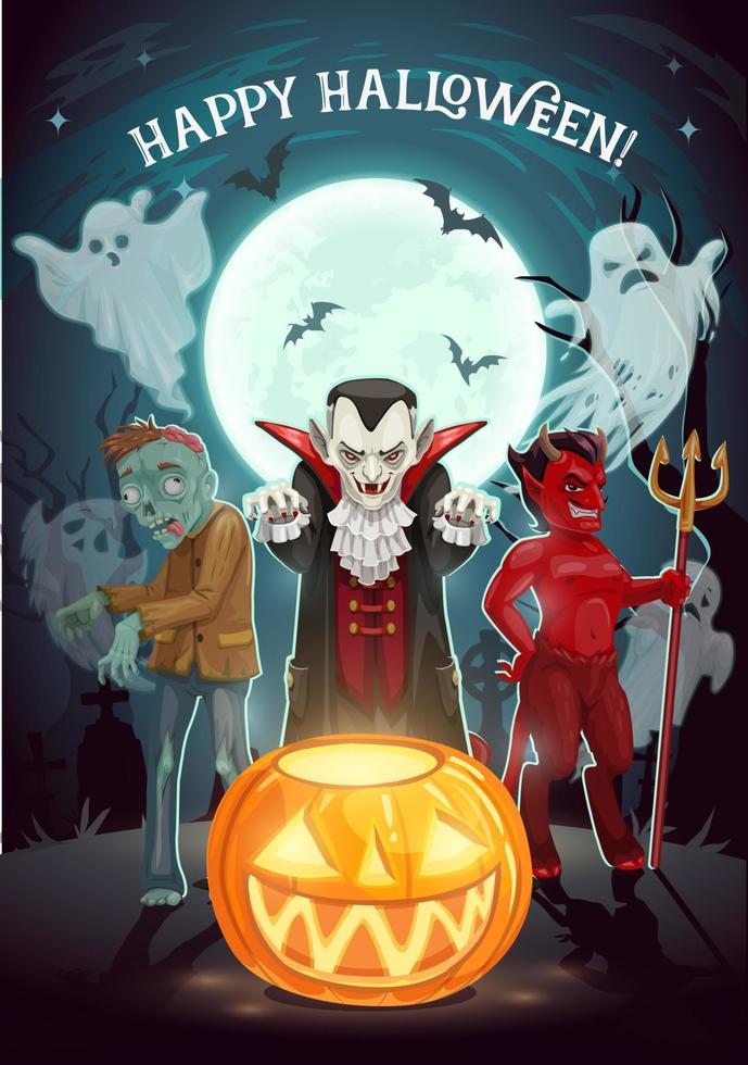 halloween pompoen, vampier en duivel geesten vector