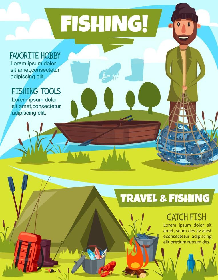 visvangst sport poster met visser en camping vector