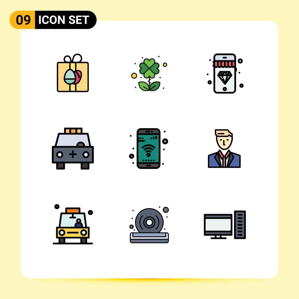 mobiel koppel gevulde lijn vlak kleur reeks van 9 pictogrammen van telefoon app diamant vervoer gevulde bewerkbare vector ontwerp elementen