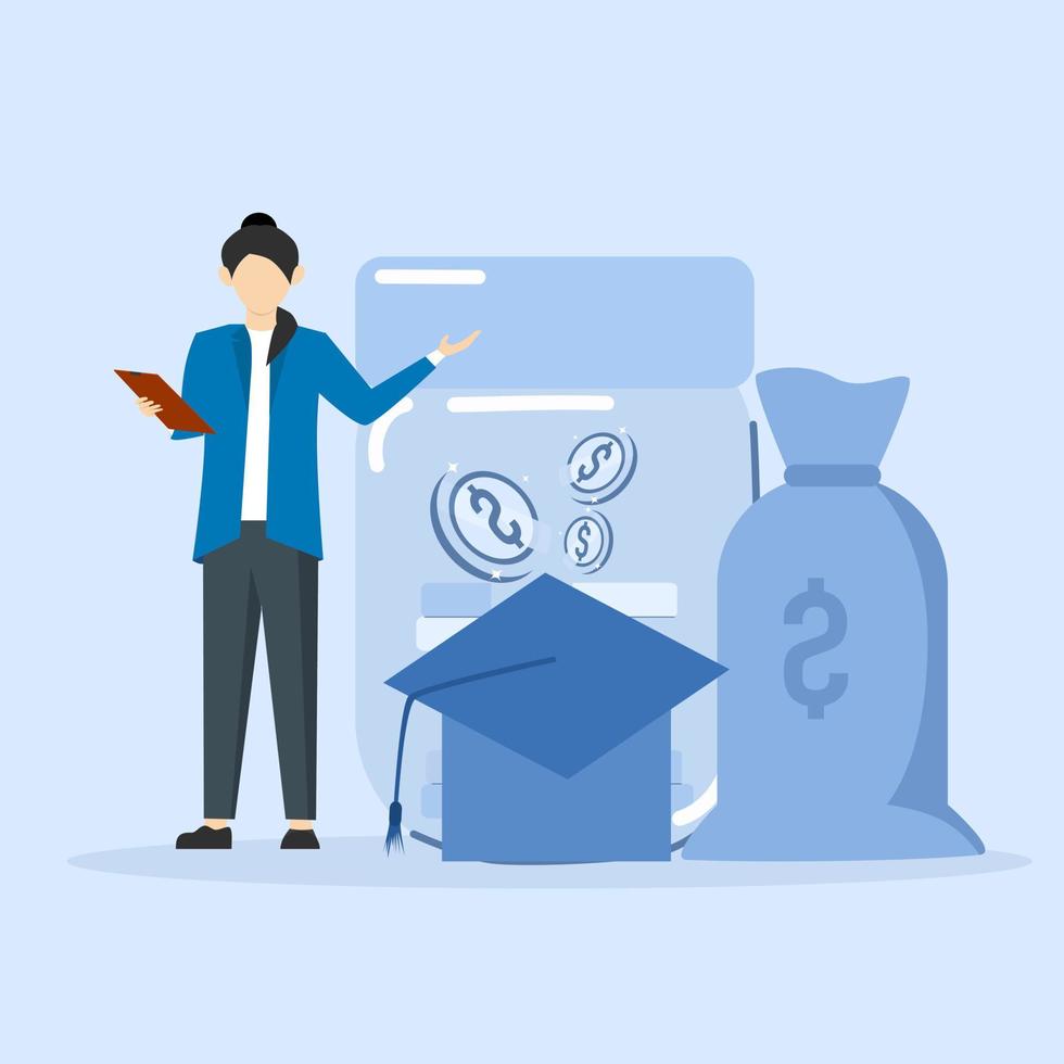 financieel onderwijs illustratie concept. persoonlijk financieel beheer en financieel geletterdheid concept. leerling karakter investeren geld in onderwijs en kennis. vector illustratie.