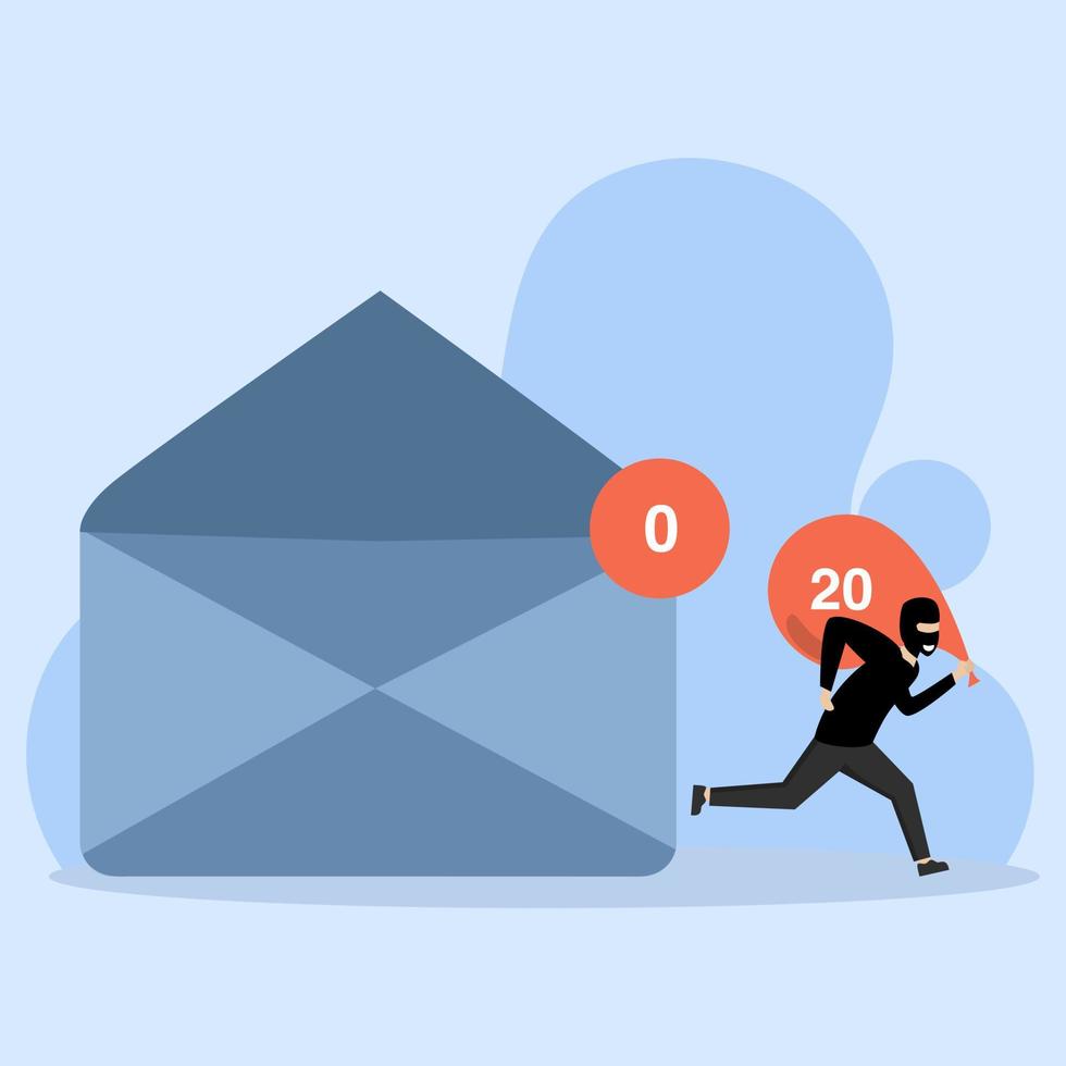 dief Holding rood zak vol van gegevens van nieuw e-mail Nee e-mail. gegevens privacy dieven, cyber hackers of e-mail providers tonen advertenties gebaseerd Aan de concept van binnen informatie, vertrouwelijk privaat e-mail. vector