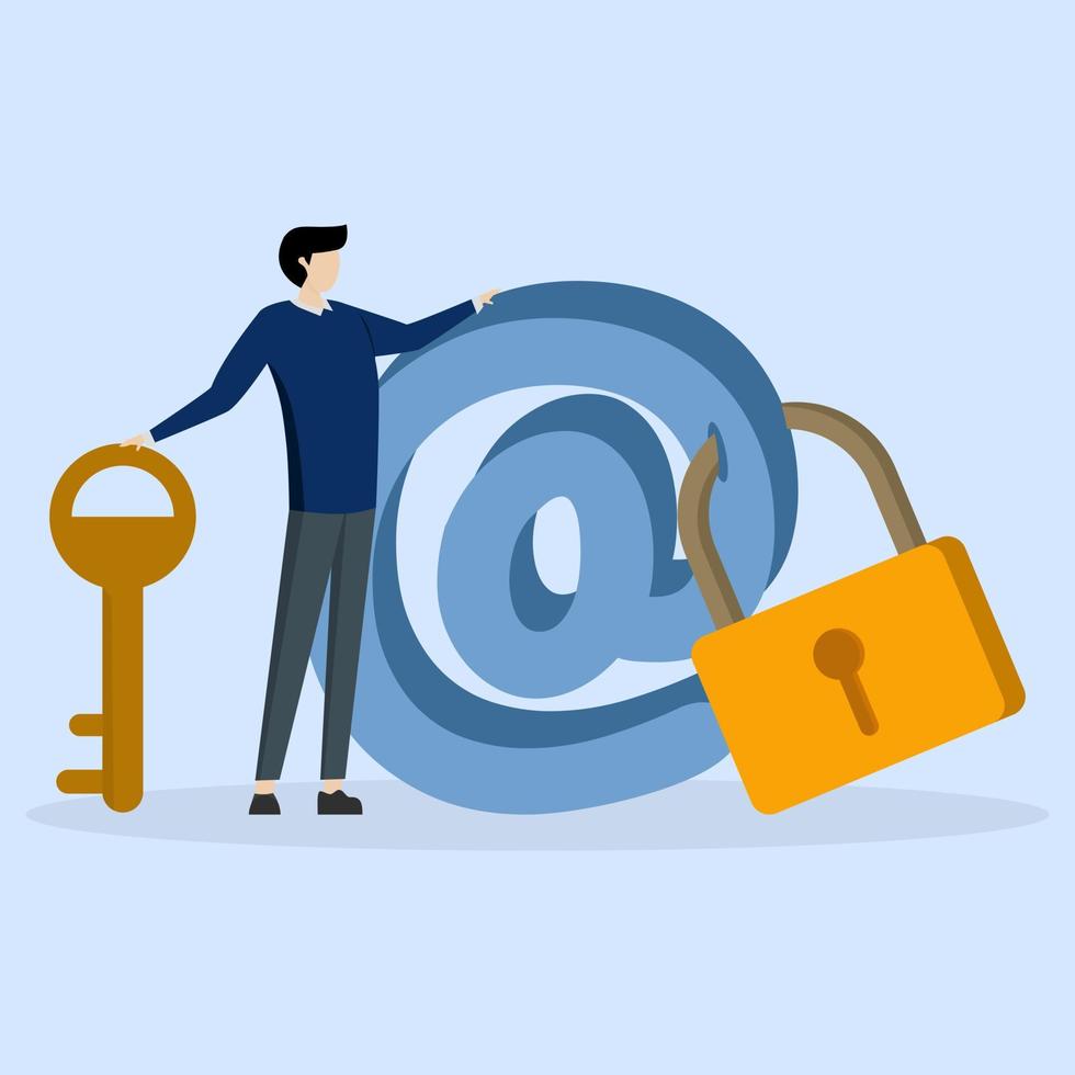 zakenman staand met sterk hangslot veiligheid Aan e-mail symbool. veiligheid systeem naar verdedigen tegen cyber aanvallen, gegevens encryptie technologie concept, spam of gegevens lek, e-mail veiligheid bescherming. vector