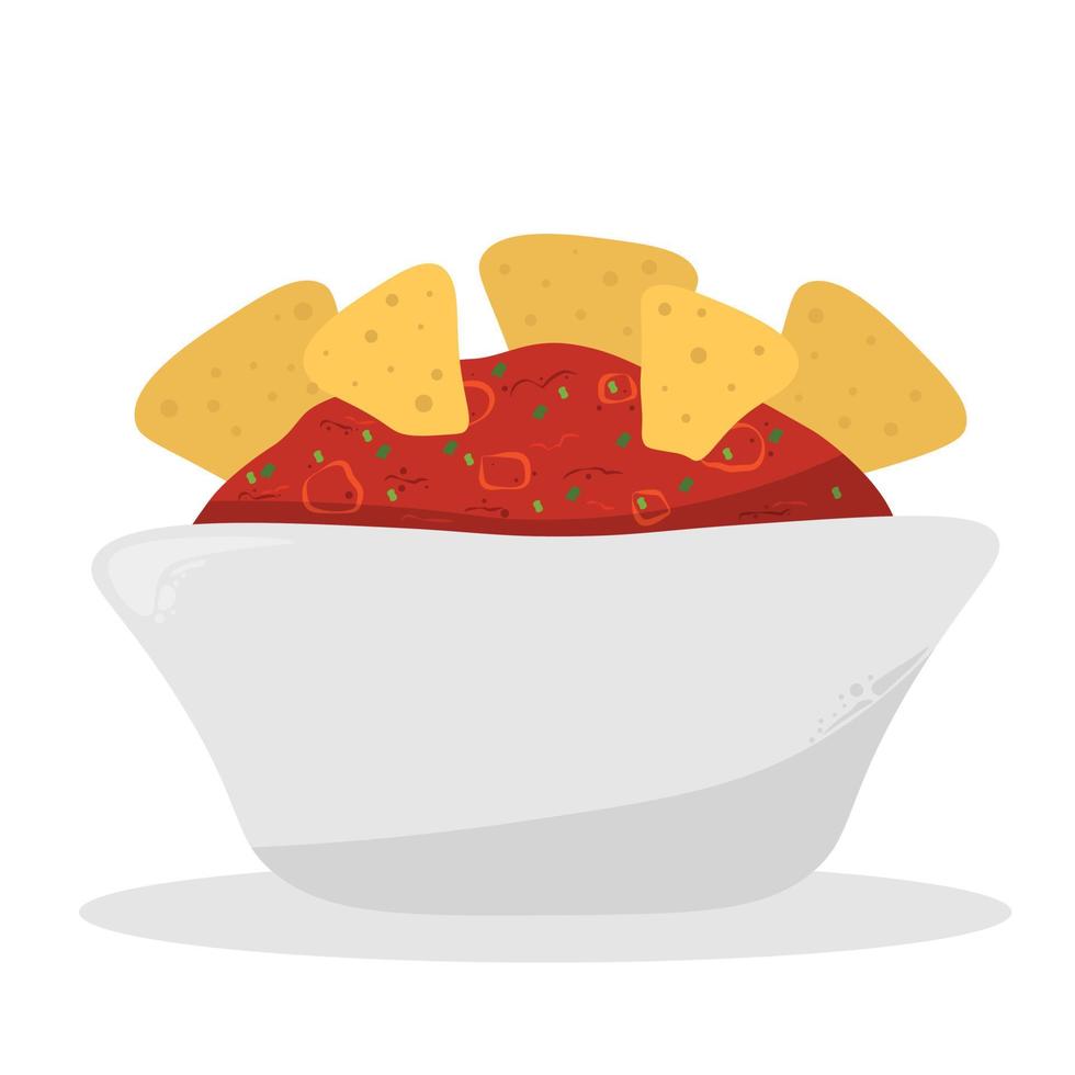 nacho's maïs chips met rood salsa saus icoon vector. Mexicaans maïs tortilla chips met salsa dip icoon geïsoleerd Aan een wit achtergrond vector