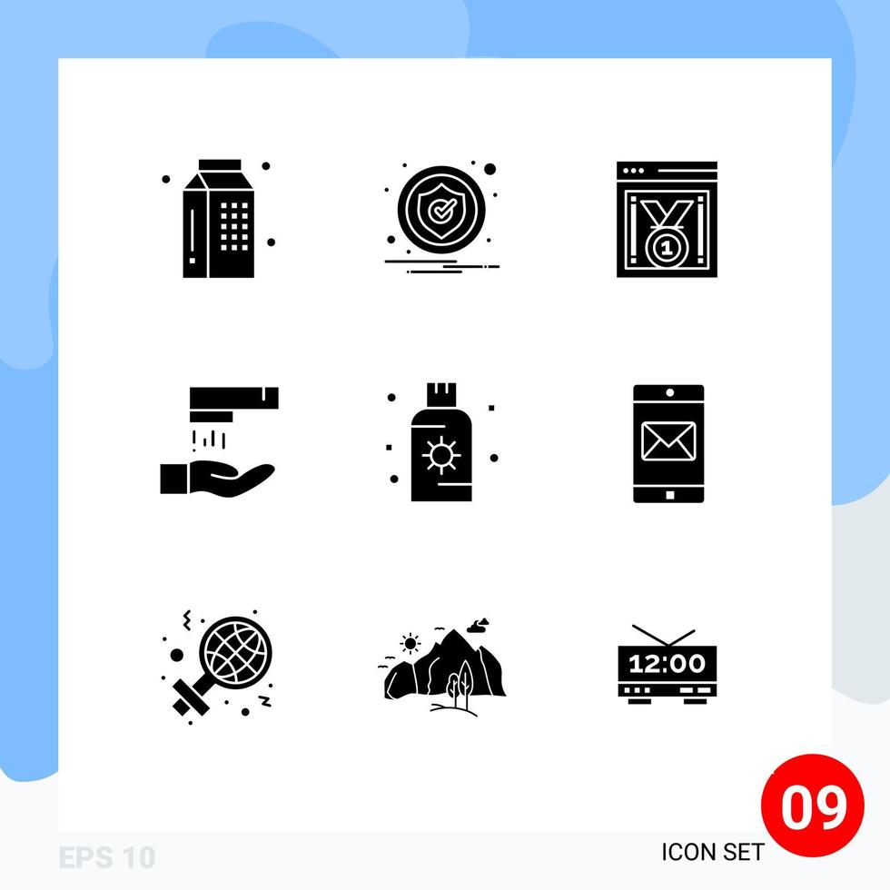 pak van 9 creatief solide glyphs van bescherming schoonmaak veiligheid wassen website vooruitgang bewerkbare vector ontwerp elementen