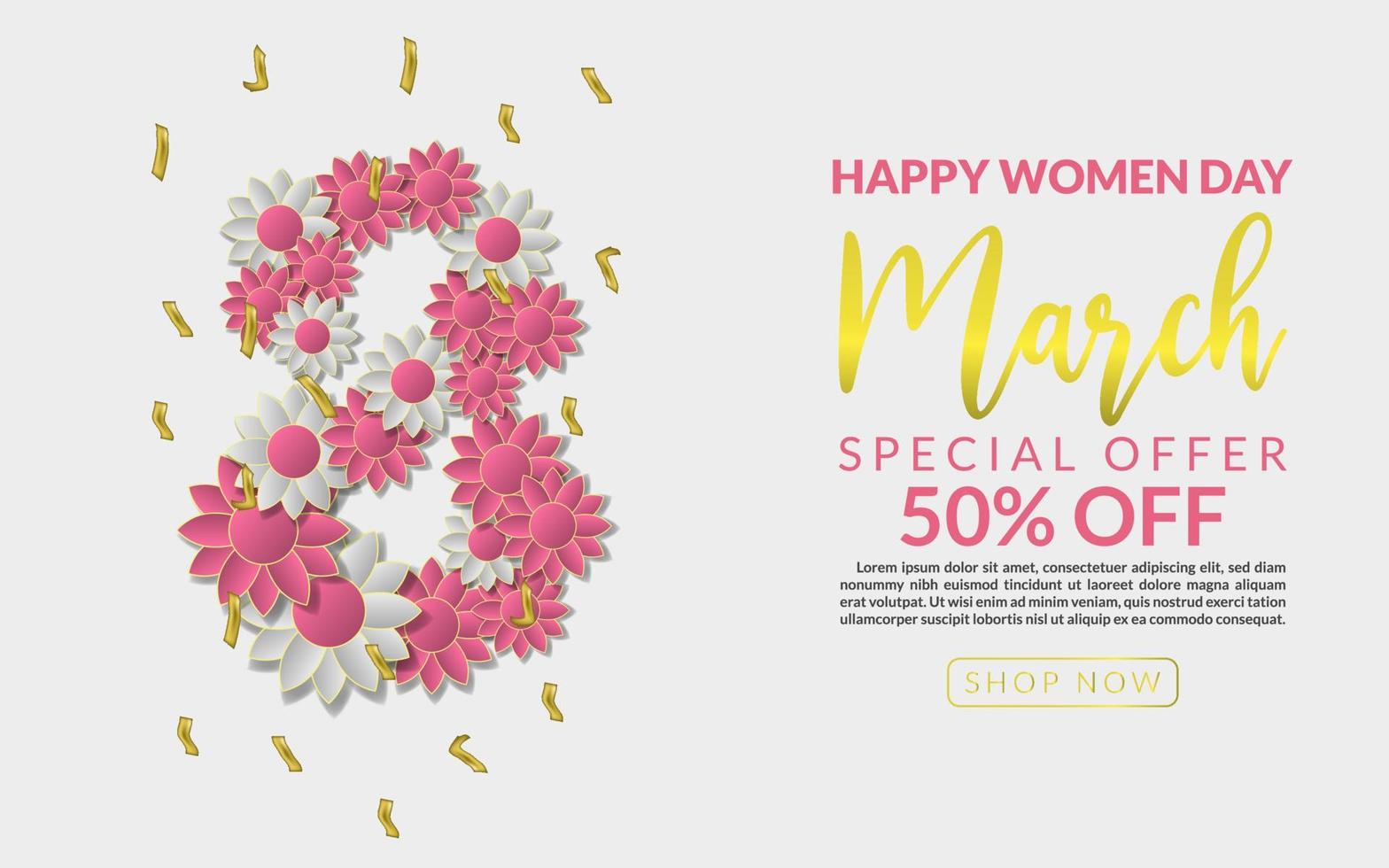 8 maart speciaal aanbod uitverkoop Aan achtergrond , website viering Dames dag bloemen verlichting liefde geïsoleerd Internationale dag vector