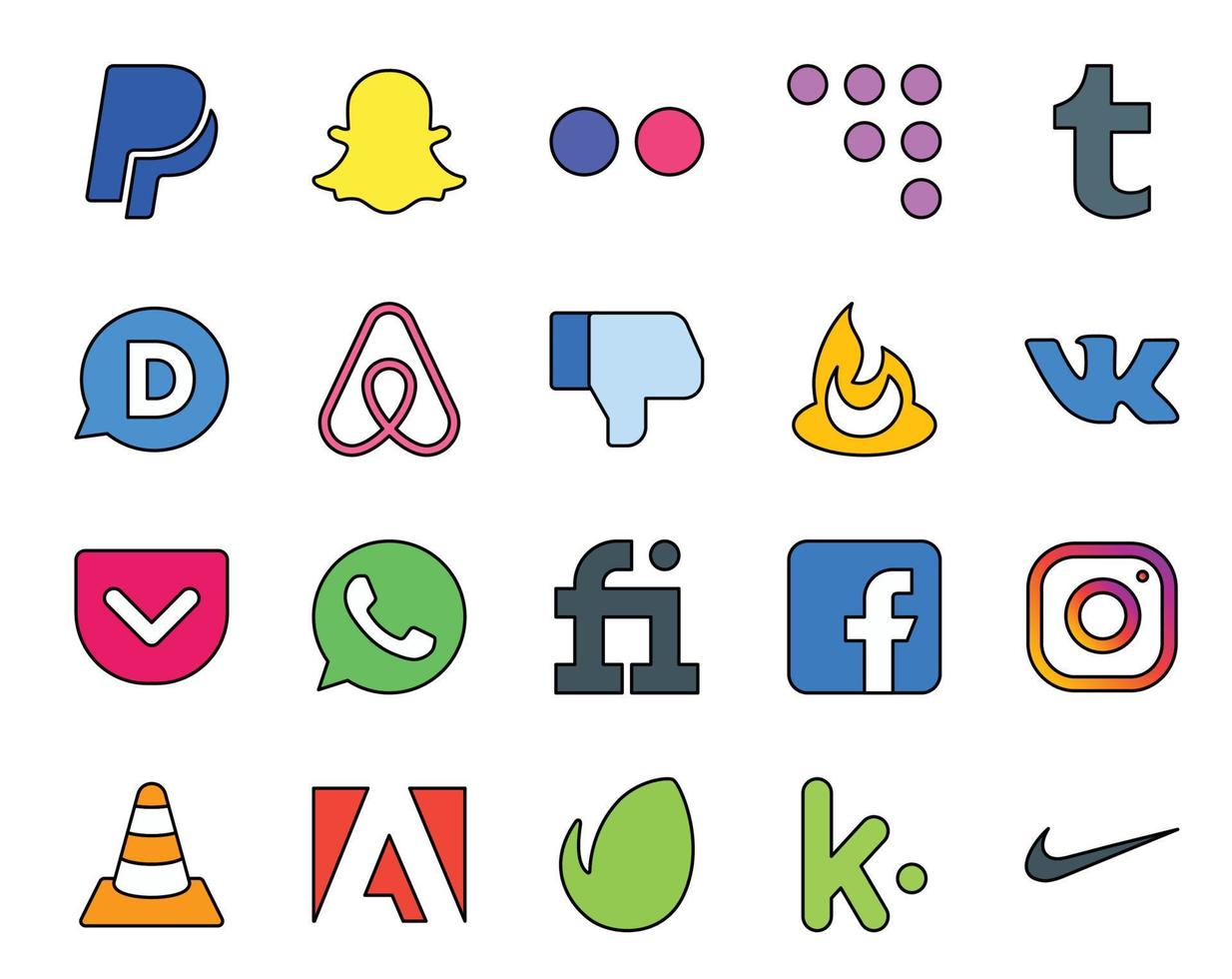 20 sociaal media icoon pak inclusief speler vlc voerbrander instagram vijfrr vector