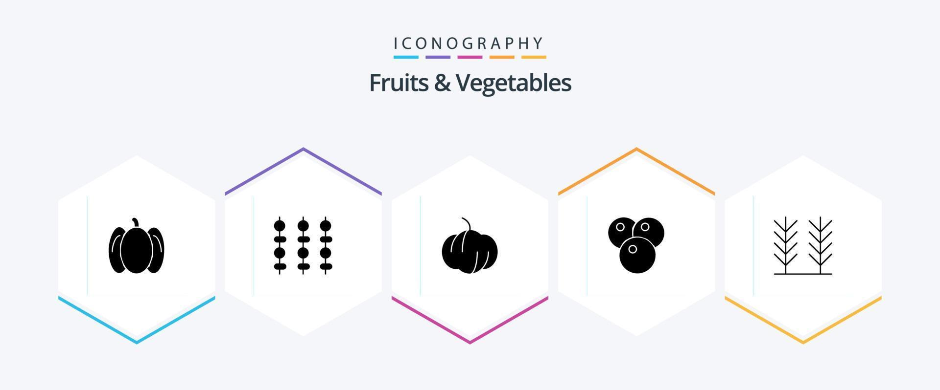 fruit en groenten 25 glyph icoon pak inclusief . . pompoen. tarwe. ontbijtgranen vector