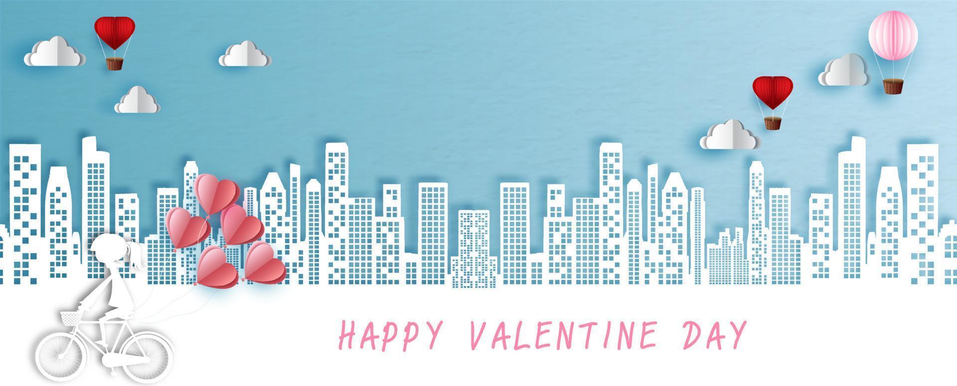 wit silhouet van meisje rijden een fiets met harten ballon met gelukkig Valentijn formulering Aan landschap stad visie en blauw achtergrond. Valentijn groet kaart in papier besnoeiing stijl en vector ontwerp.