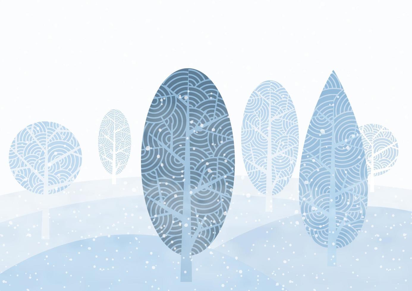 landschap winter en sneeuw vallend met abstract bomen Aan mistig en licht blauw achtergrond. vector