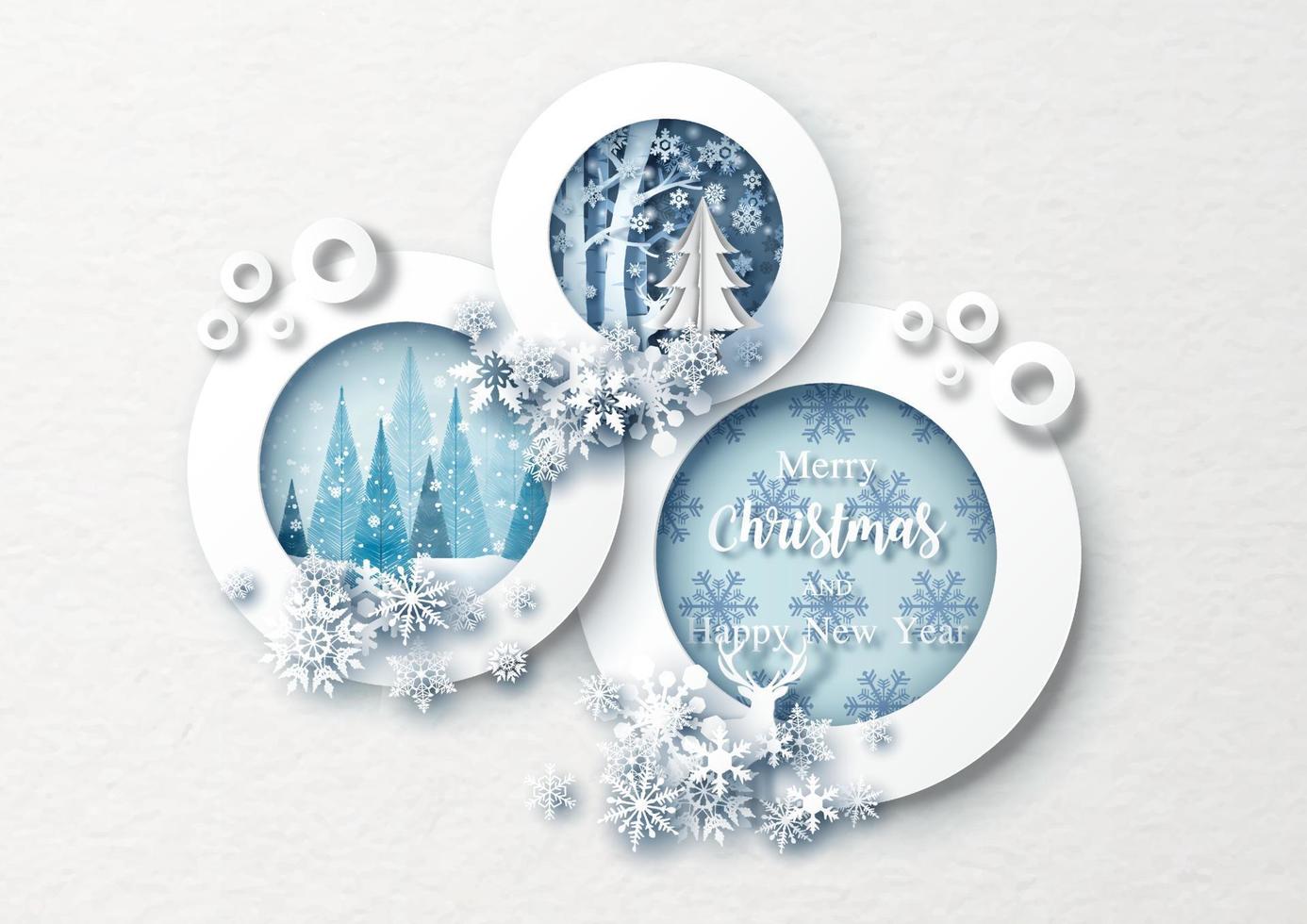 mooi sneeuwvlokken versierd Aan cirkels Kerstmis afbeelding kader en wit papier patroon achtergrond. Kerstmis groet kaart in papier besnoeiing stijl en vector ontwerp.