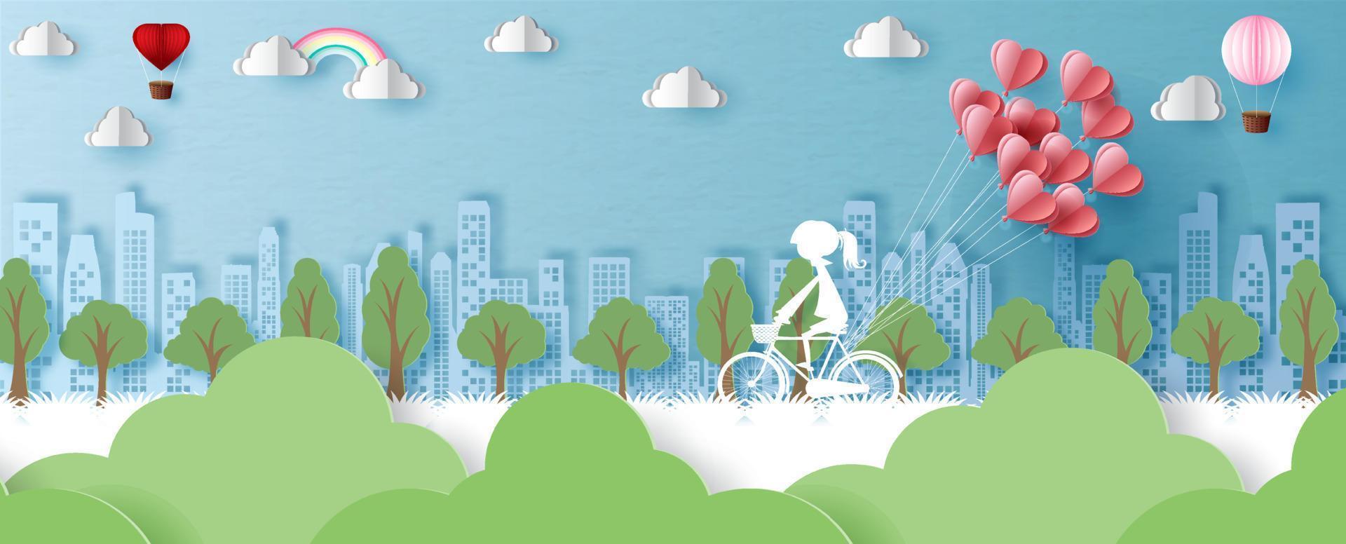 wit silhouet van meisje rijden een fiets met harten ballon Aan landschap stad visie en blauw achtergrond. Valentijn groet kaart in papier besnoeiing stijl en vector ontwerp.