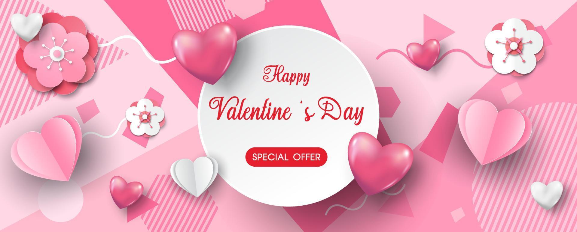 roze harten met kers bloesem en Valentijnsdag speciaal aanbod uitverkoop formulering Aan wit banier in papier besnoeiing stijl en roze abstract patroon achtergrond. vector