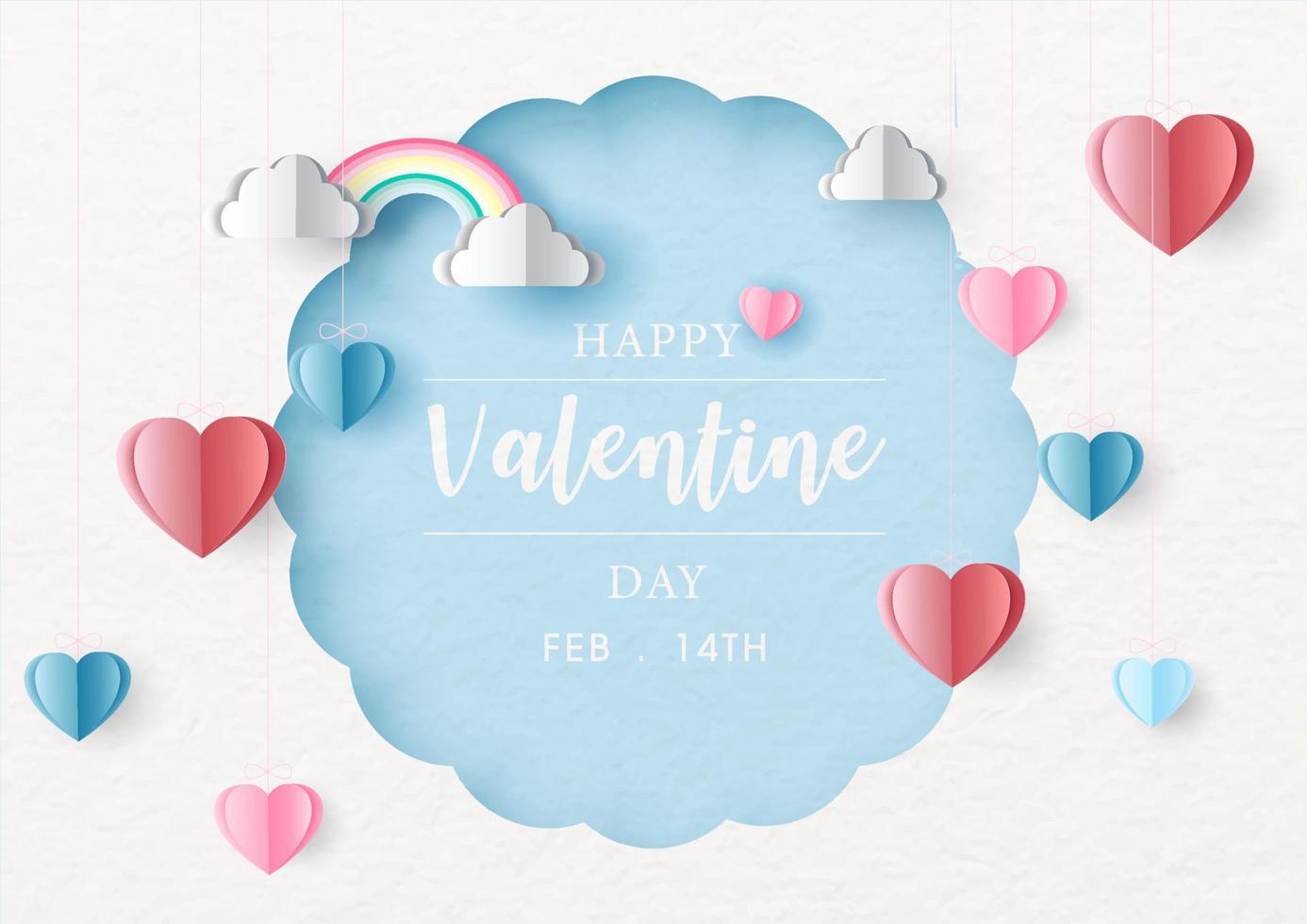 gelukkig Valentijn dag formulering in wit abstract cirkel met kleurrijk harts en regenboog wolken hangen Aan blauw papier patroon achtergrond. Valentijn groet kaart in papier besnoeiing stijl en vector ontwerp.