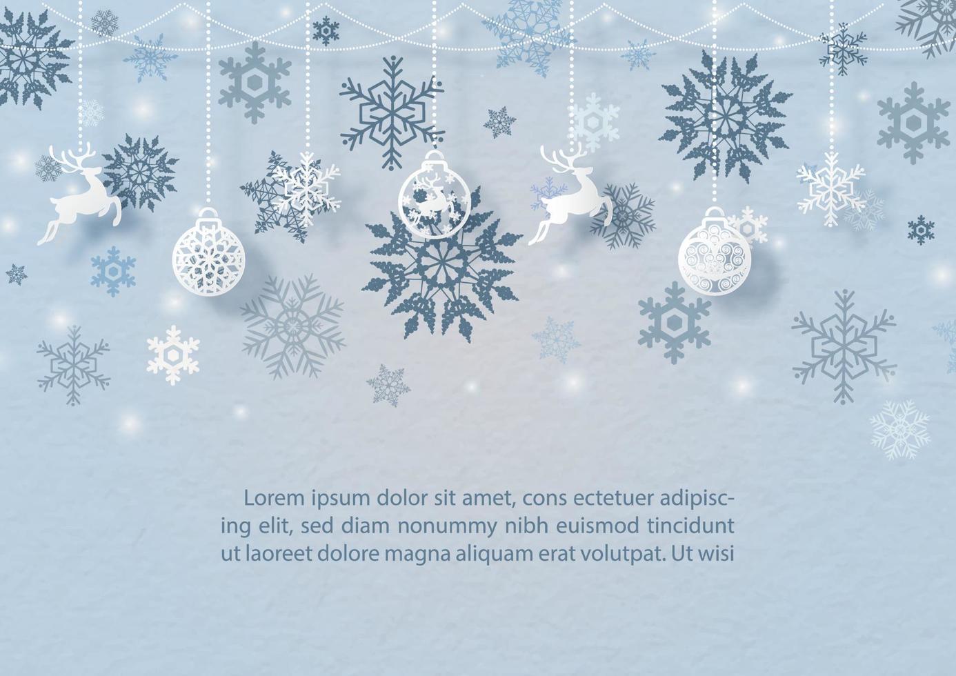 versierd Kerstmis bal en voorwerpen symbool van Kerstmis hangen Aan silhouet sneeuw vlokken patroon met ruimte voor teksten en blauw achtergrond. Kerstmis groet kaart en poster in vector ontwerp