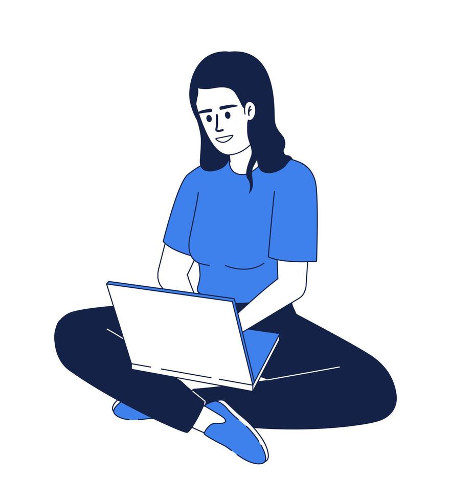 vrouw gebruik makend van laptop vlak kleur lineair vector karakter. werk Aan internetten. bewerkbare figuur. vol lichaam persoon Aan wit. tekenfilm stijl dun lijn illustratie voor web grafisch ontwerp en animatie