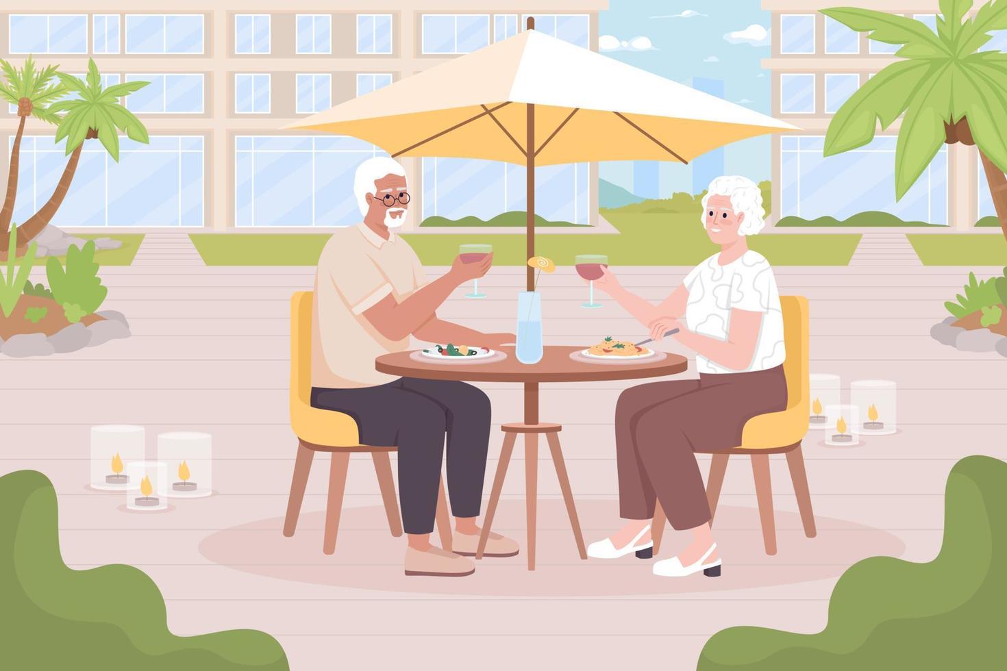 senior Mens en vrouw hebben avondeten in toevlucht cafe vlak kleur vector illustratie. tijdloos avonturen. ouder paar Bij restaurant. ten volle bewerkbare 2d gemakkelijk tekenfilm tekens met stadsgezicht Aan achtergrond