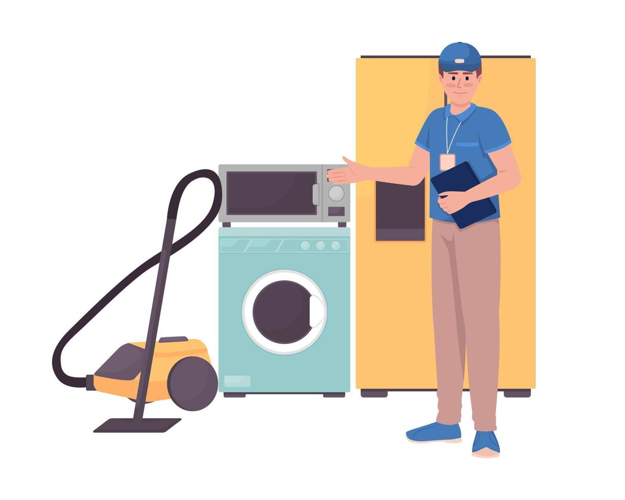 huishouden toestel consultant 2d vector geïsoleerd illustratie. huiselijk elektronisch technieken. mannetje vlak karakter Aan tekenfilm achtergrond. kleurrijk bewerkbare tafereel voor mobiel, website, presentatie