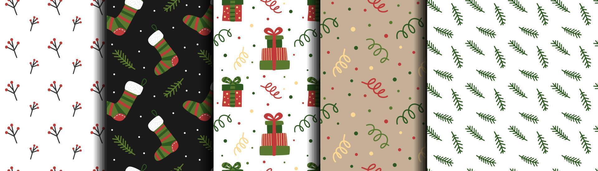 reeks met Kerstmis patronen. patronen met Kerstmis sokken, Spar takken, geschenken, bessen en confetti. vector ontwerp voor winter viering.